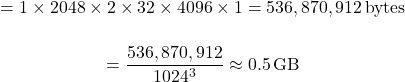 KV cache example: 1 × 2048 × 2 × 32 × 4096 × 1 = 536,870,912 bytes; divided by 1024 cubed, approximately 0.5 GB.