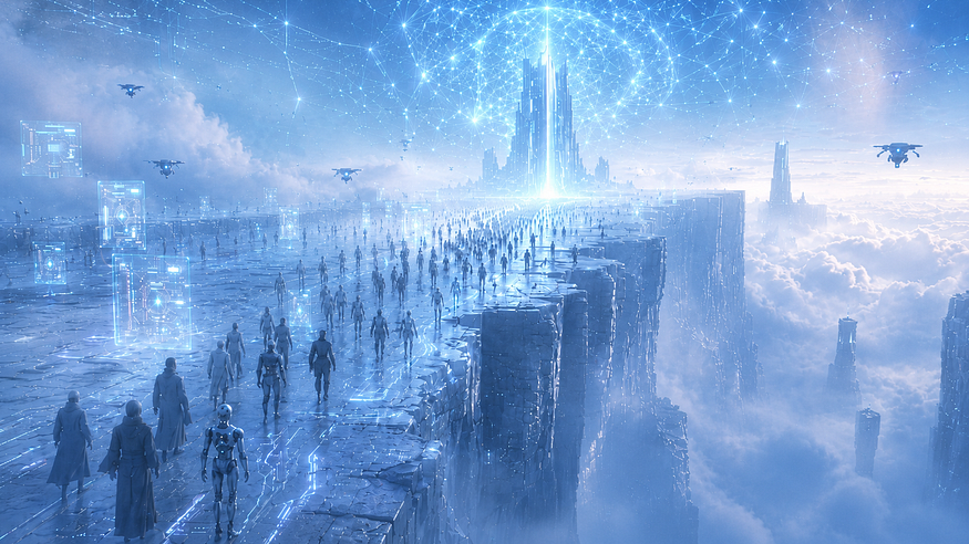 A futuristic city with people and robots approaching a brightly lit tower.
